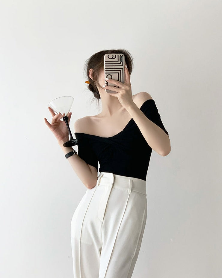 韓国ファッション SELCA-オフショルダーカットソー-2023ss-tp10-bk-010
