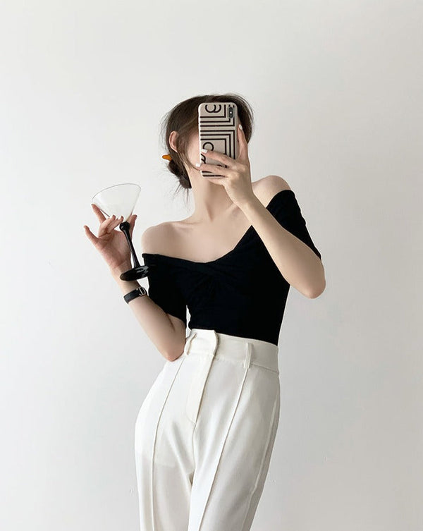 韓国ファッション SELCA-オフショルダーカットソー-2023ss-tp10-bk-010
