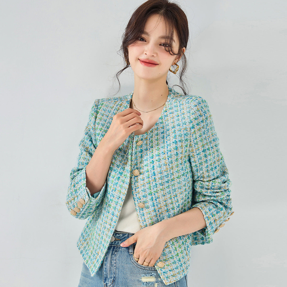 韓国ファッション SELCA-ブルーツイードショートジャケット-2023aw-ot31-03