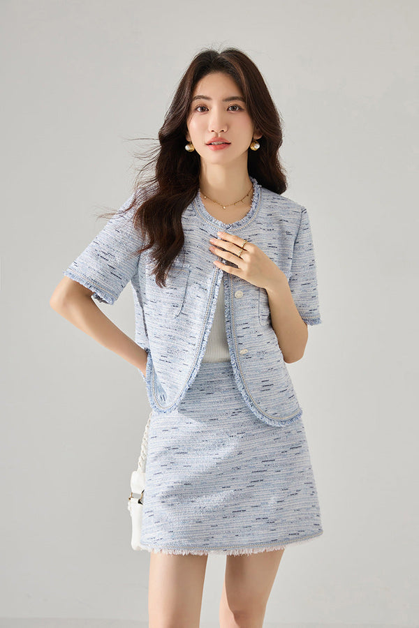 韓国ファッション SELCA-ブルーツイードショートジャケット-2024ss-156-012