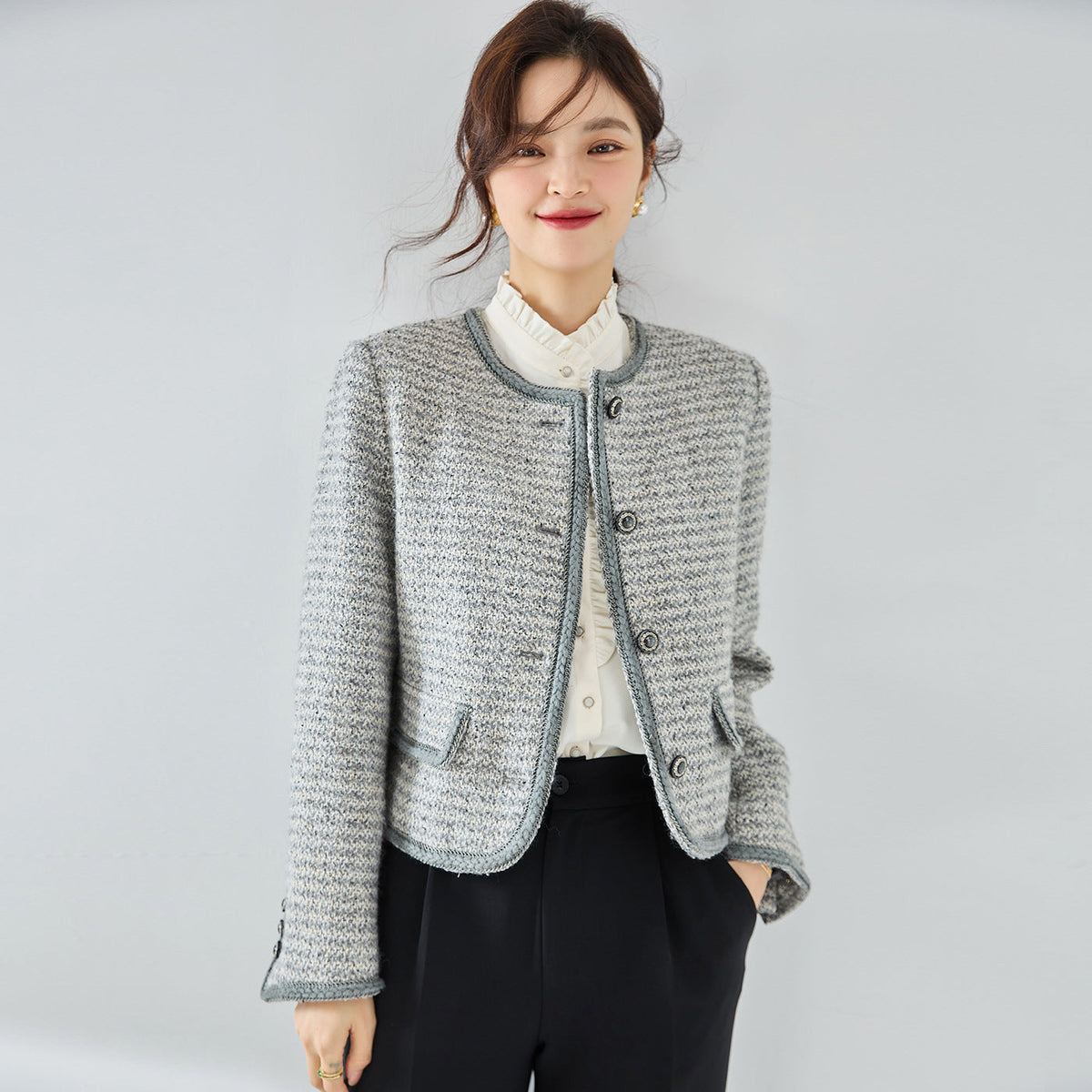 韓国ファッション SELCA-ラウンドネックパイピンググレーツイードジャケット-2024ss-ou20-010