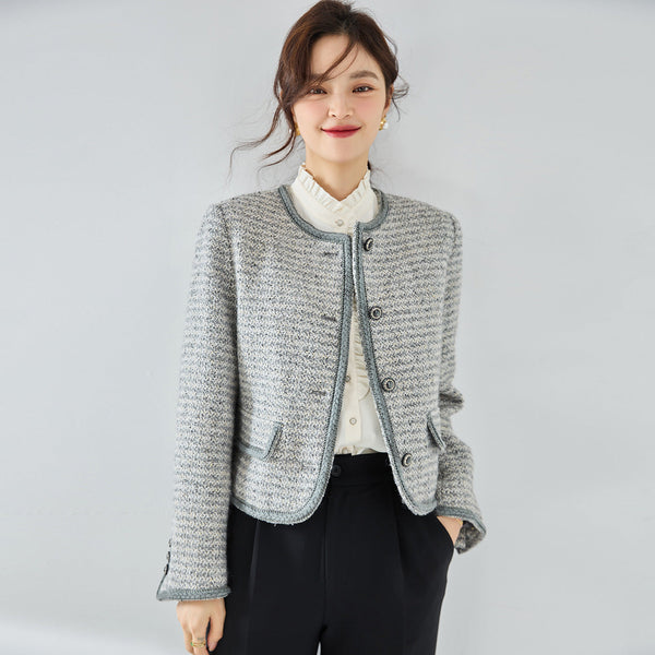韓国ファッション SELCA-ラウンドネックパイピンググレーツイードジャケット-2024ss-ou20-010