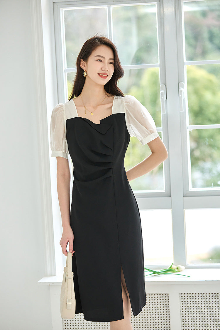 韓国ファッション SELCA-ラウンドネックバイカラードレス-2024ss-92-014