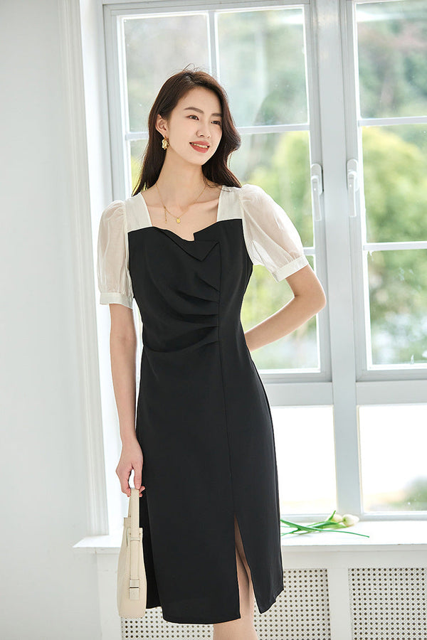 韓国ファッション SELCA-ラウンドネックバイカラードレス-2024ss-92-014