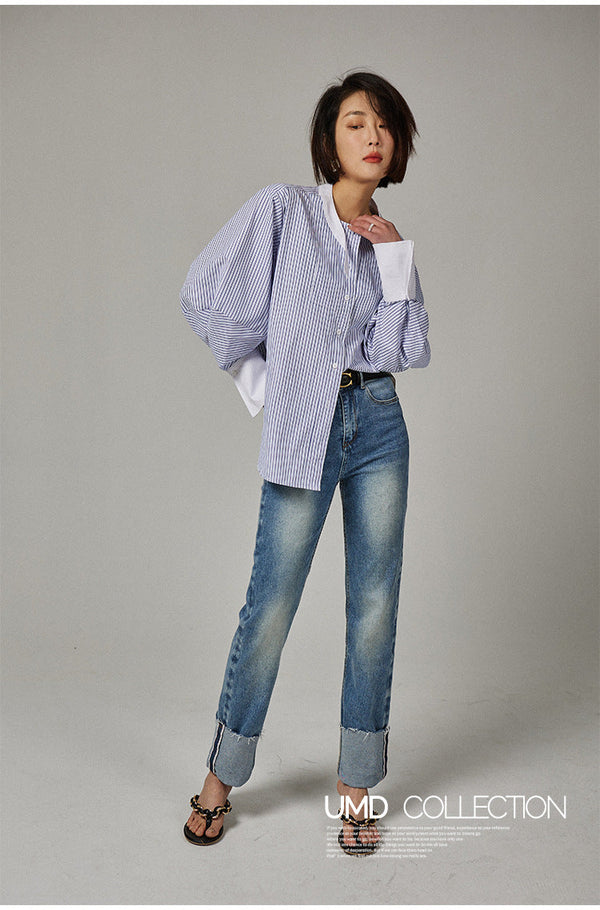 韓国ファッション SELCA-ストライプノーカラーシャツ-2024ss-0021-011