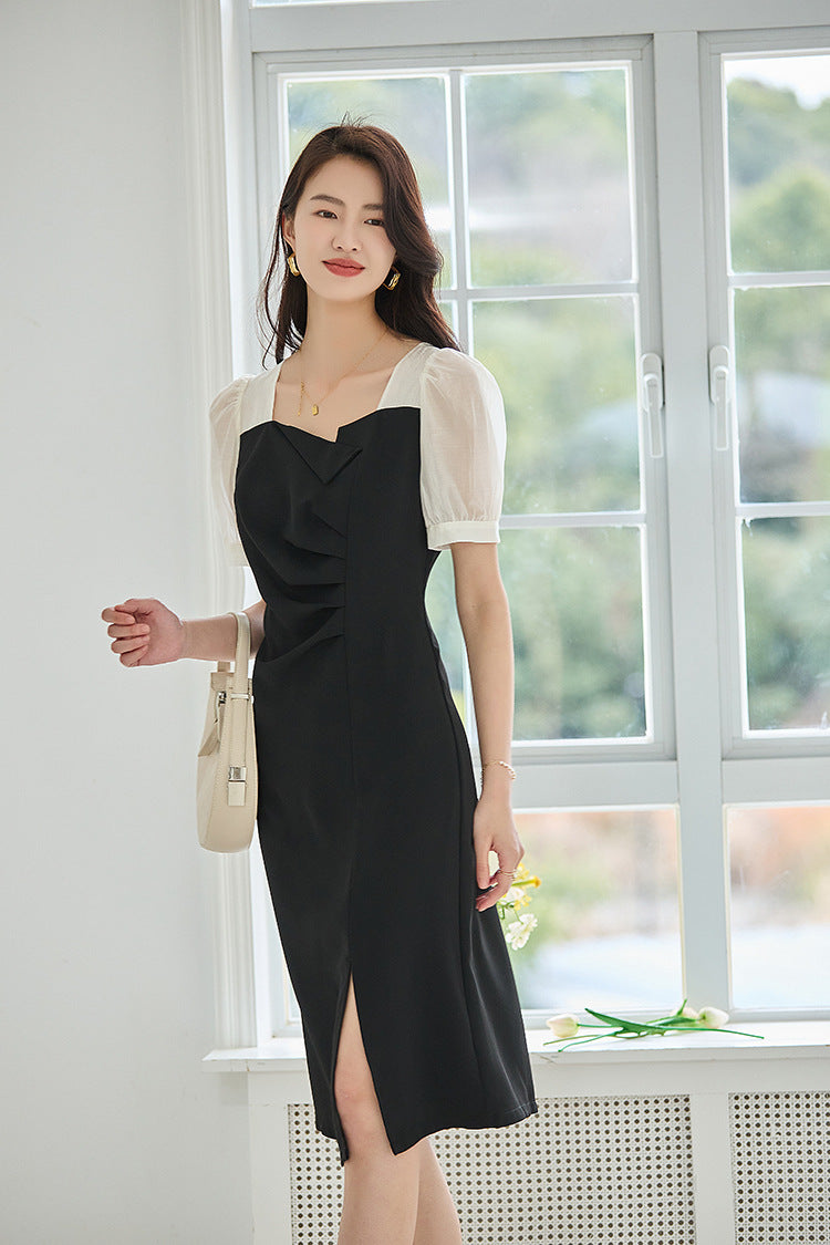 韓国ファッション SELCA-ラウンドネックバイカラードレス-2024ss-92-011