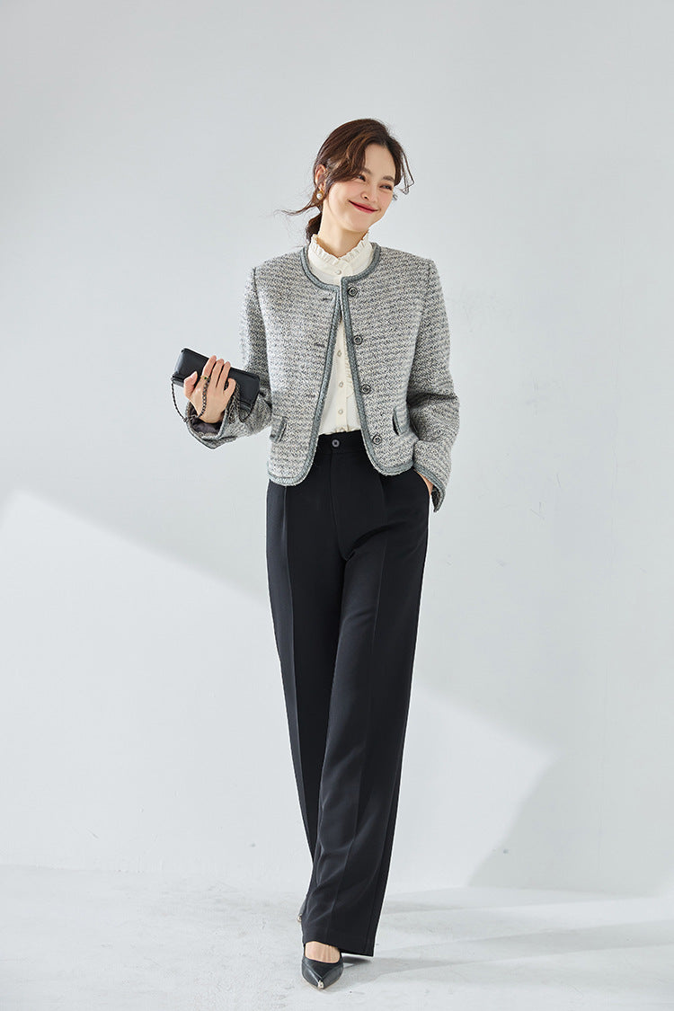 韓国ファッション SELCA-ラウンドネックパイピンググレーツイードジャケット-2024ss-ou20-011