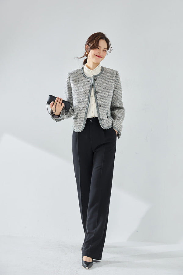 韓国ファッション SELCA-ラウンドネックパイピンググレーツイードジャケット-2024ss-ou20-011