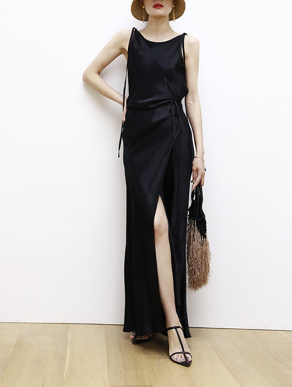 韓国ファッション SELCA-ブラックサテンリボンワンピース-2024ss-0045-015