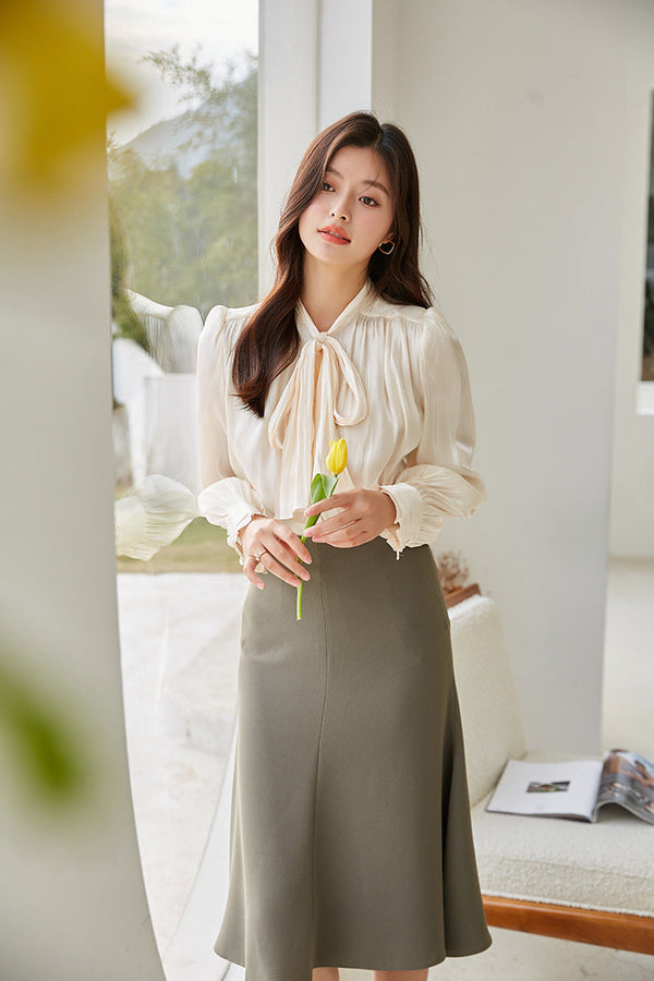 韓国ファッション SELCA-ボウタイサテンブラウス-2024ss-tp2-030