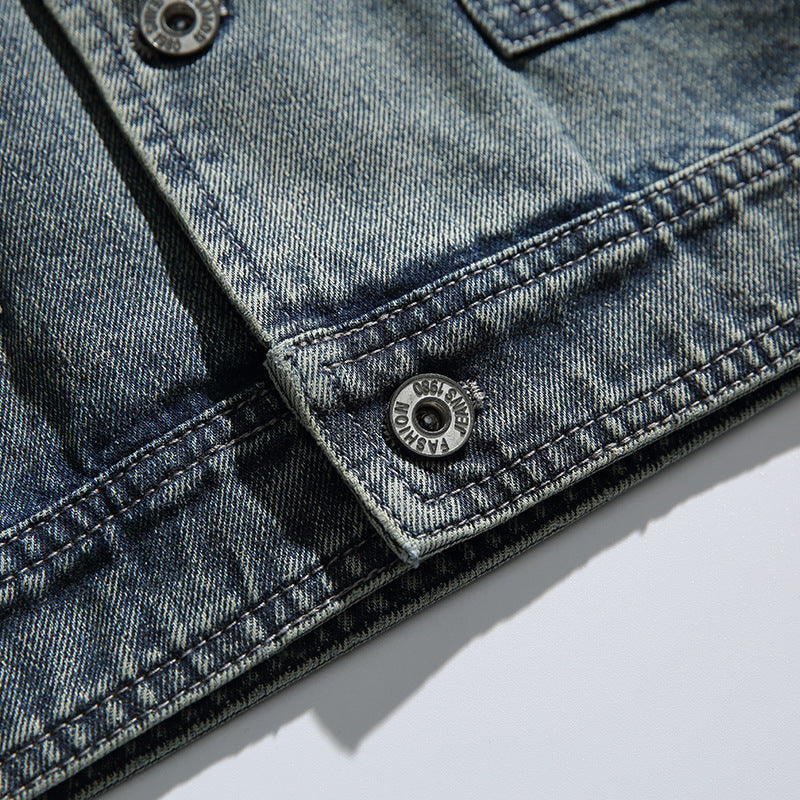 韓国ファッション SELCA-Work Jacket Washed Distressed Lapel Denim Jacket-mselca2024ss-083-010