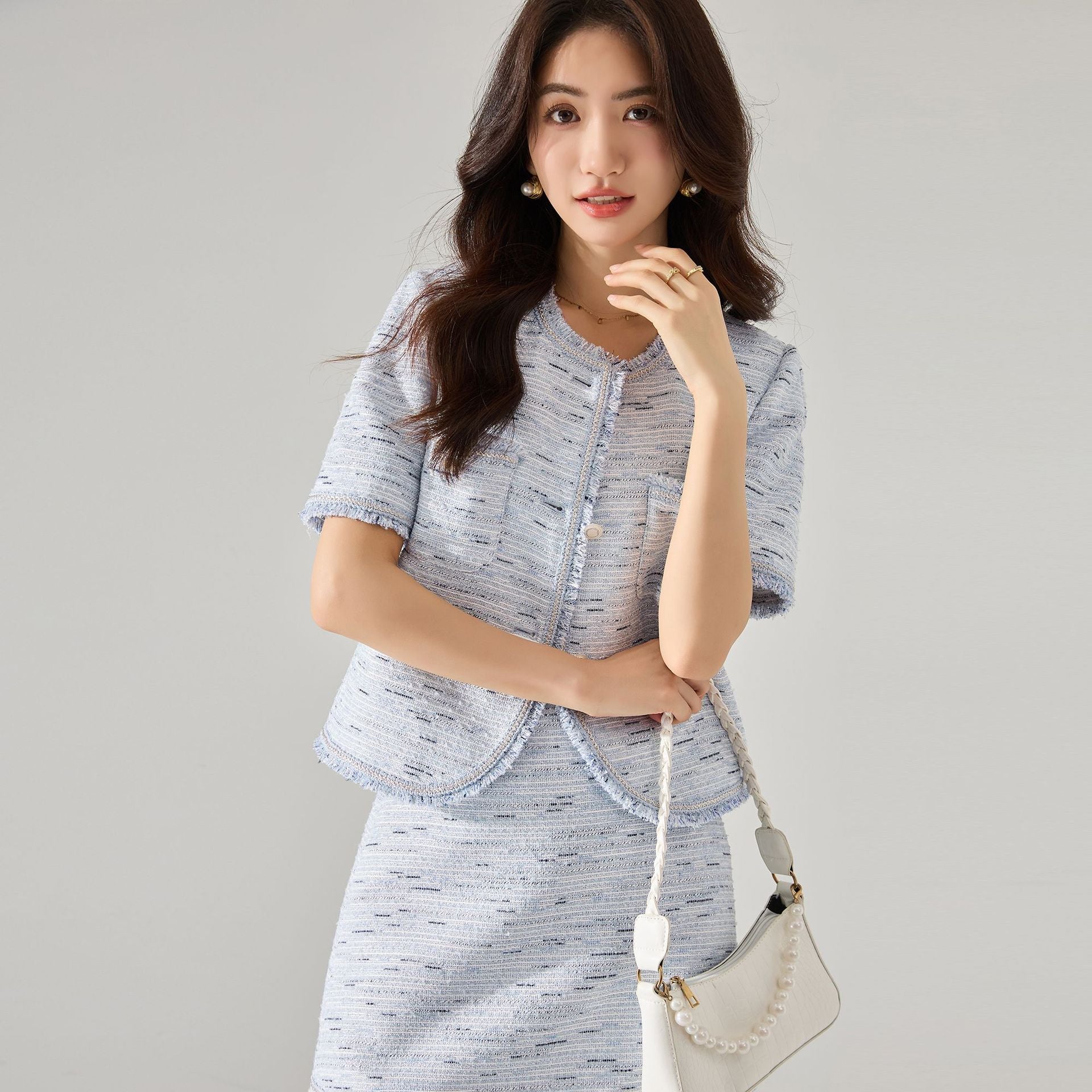 韓国ファッション SELCA-ブルーツイードショートジャケット-2024ss-156-04