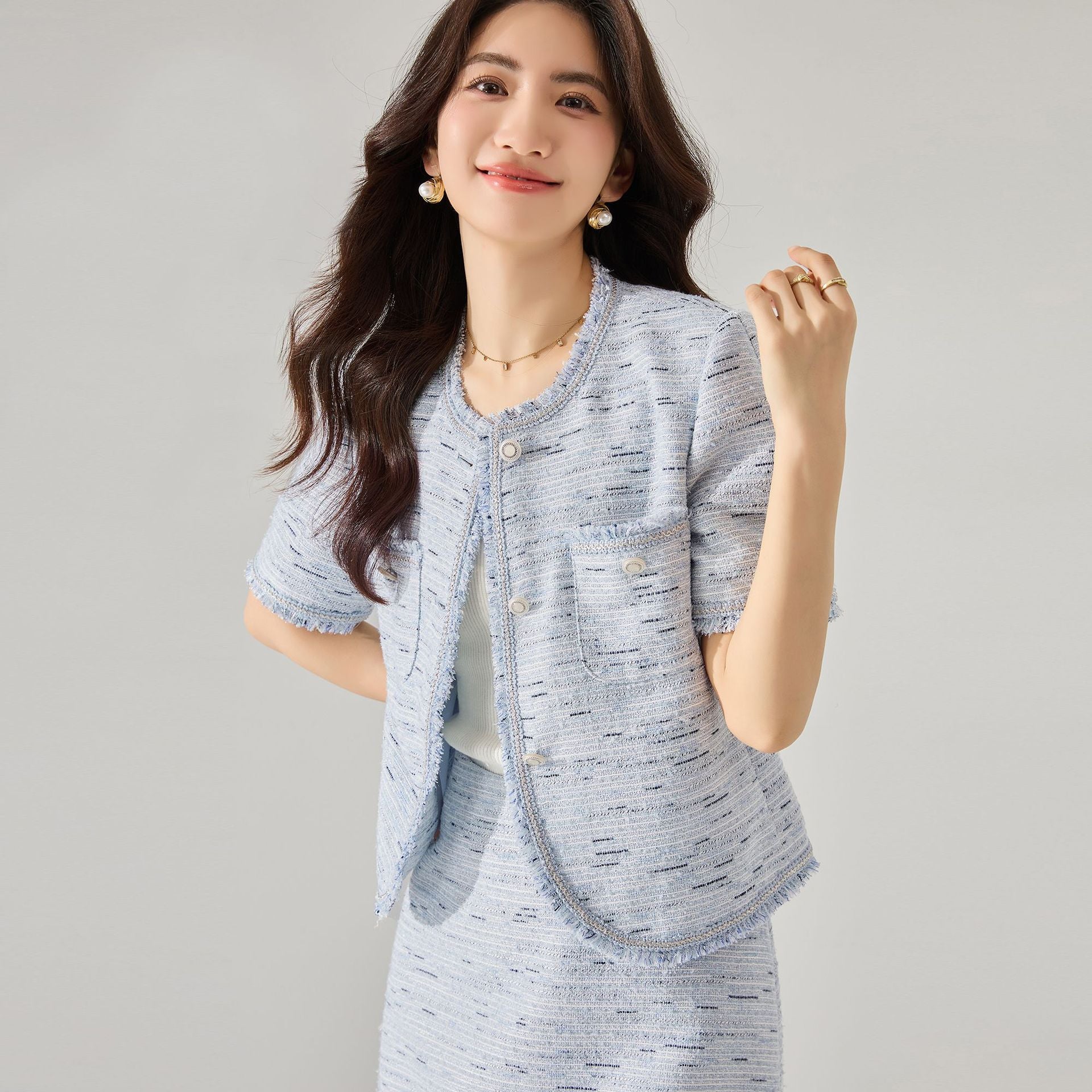 韓国ファッション SELCA-ブルーツイードショートジャケット-2024ss-156-01