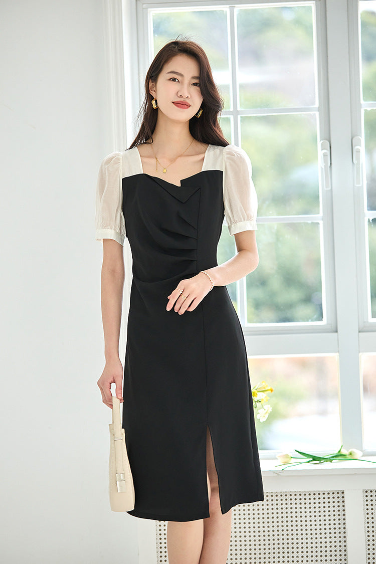 韓国ファッション SELCA-ラウンドネックバイカラードレス-2024ss-92-012