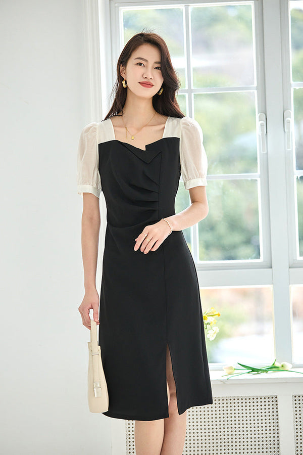 韓国ファッション SELCA-ラウンドネックバイカラードレス-2024ss-92-012