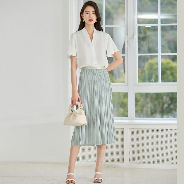 韓国ファッション SELCA-Vネックホワイトブラウス-2024ss-140-02