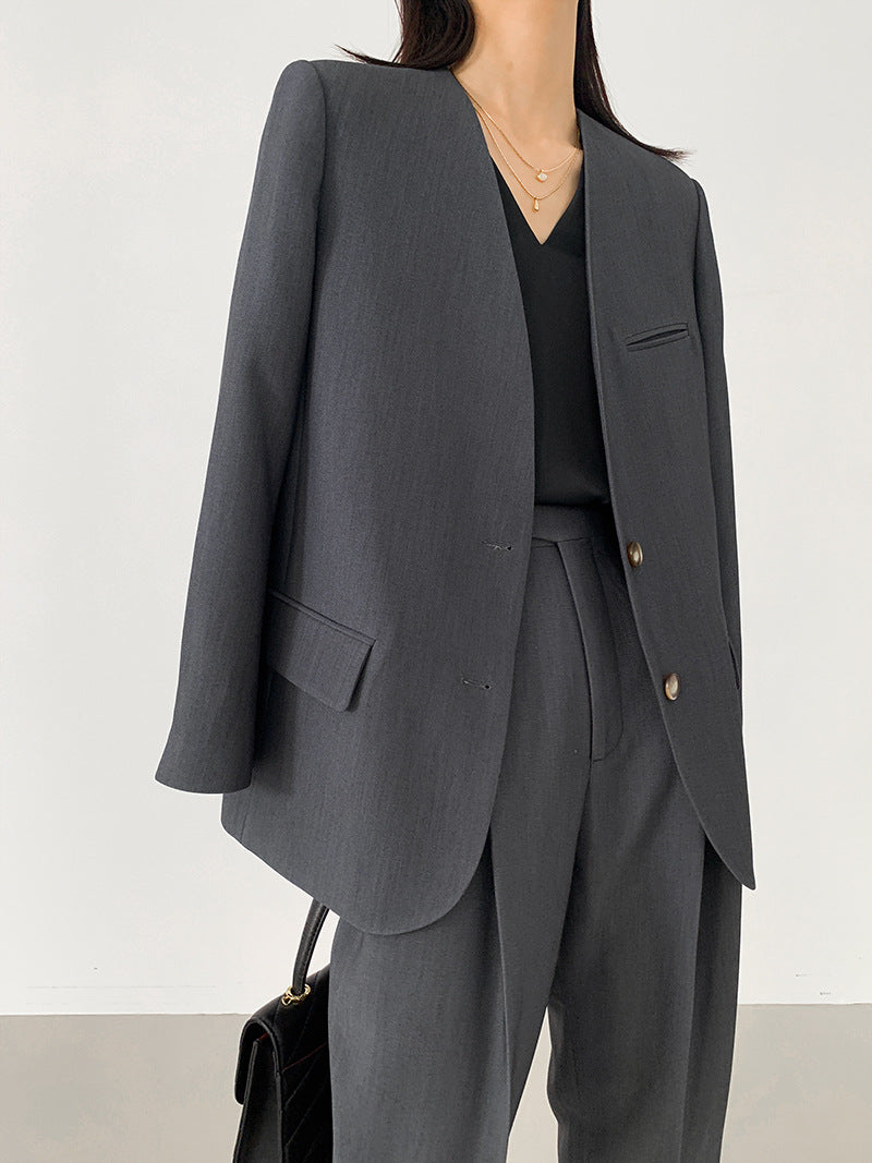 韓国ファッション SELCA-ノーカラーグレーセットアップ-2024ss-0017-026