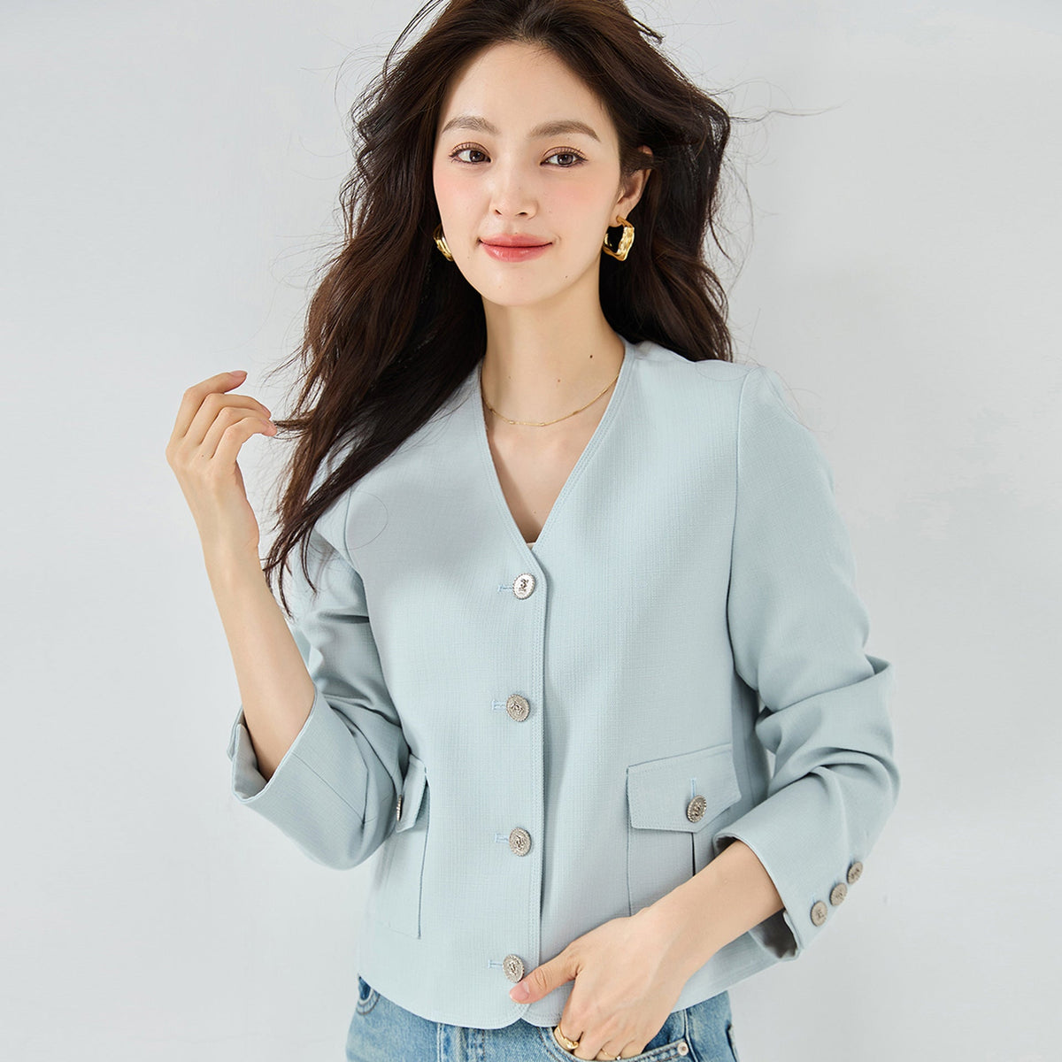 韓国ファッション SELCA-Vネックショートジャケット-2024ss-ou1-05