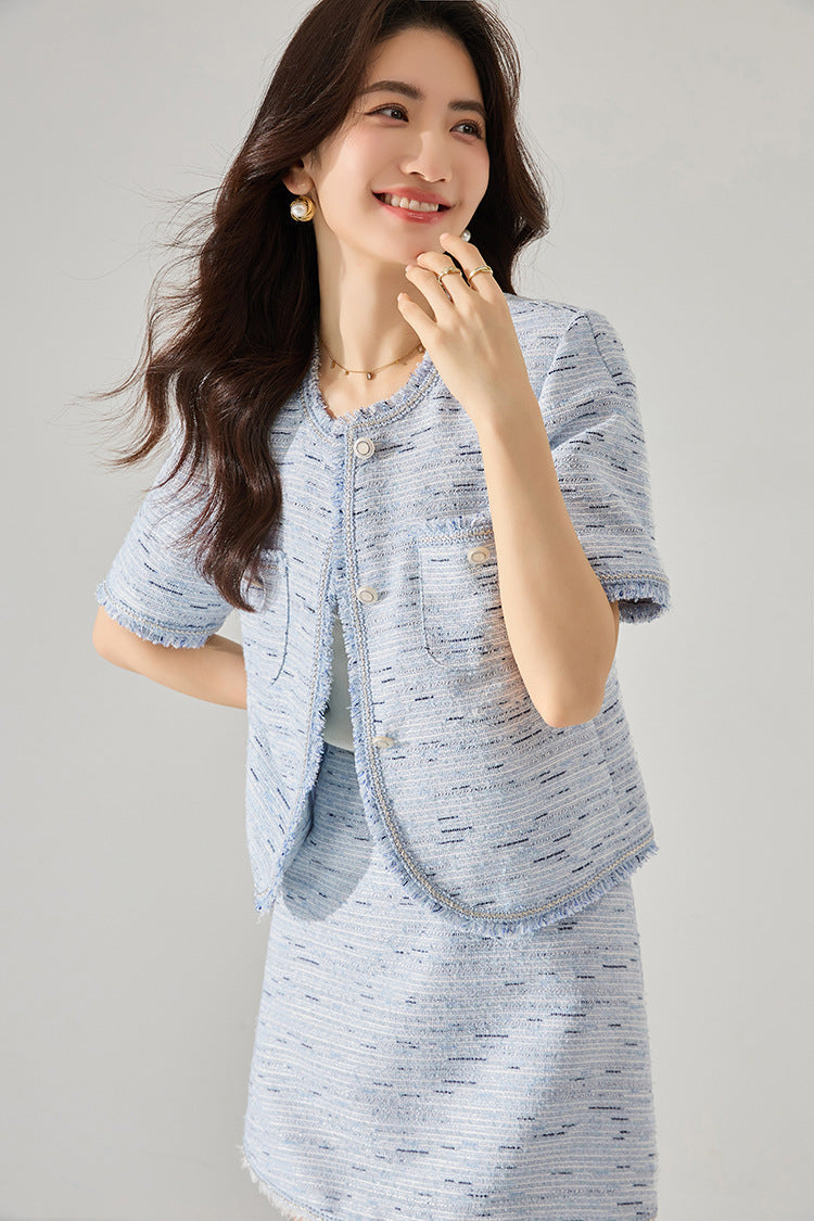 韓国ファッション SELCA-ブルーツイードショートジャケット-2024ss-156-05