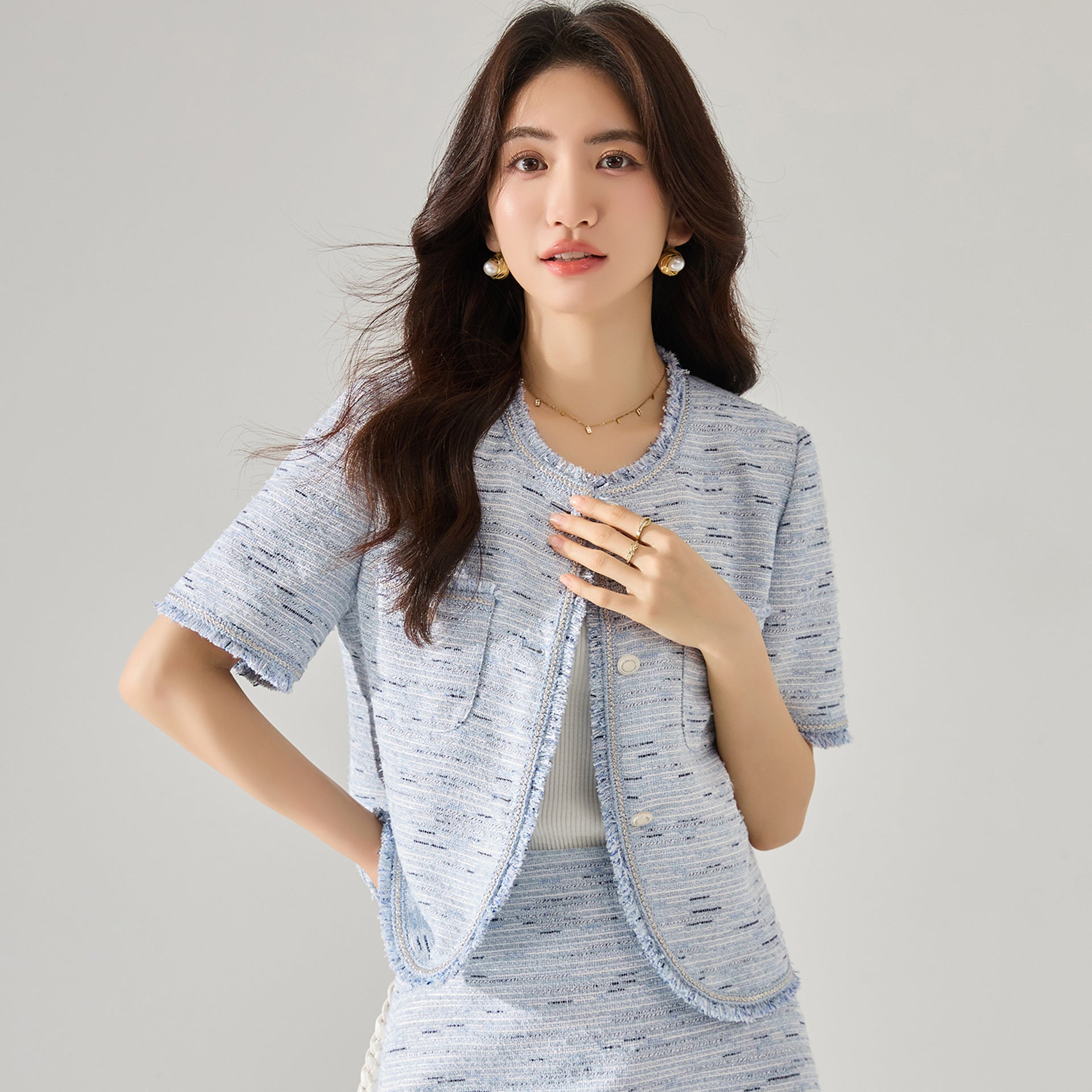韓国ファッション SELCA-ブルーツイードショートジャケット-2024ss-156-03