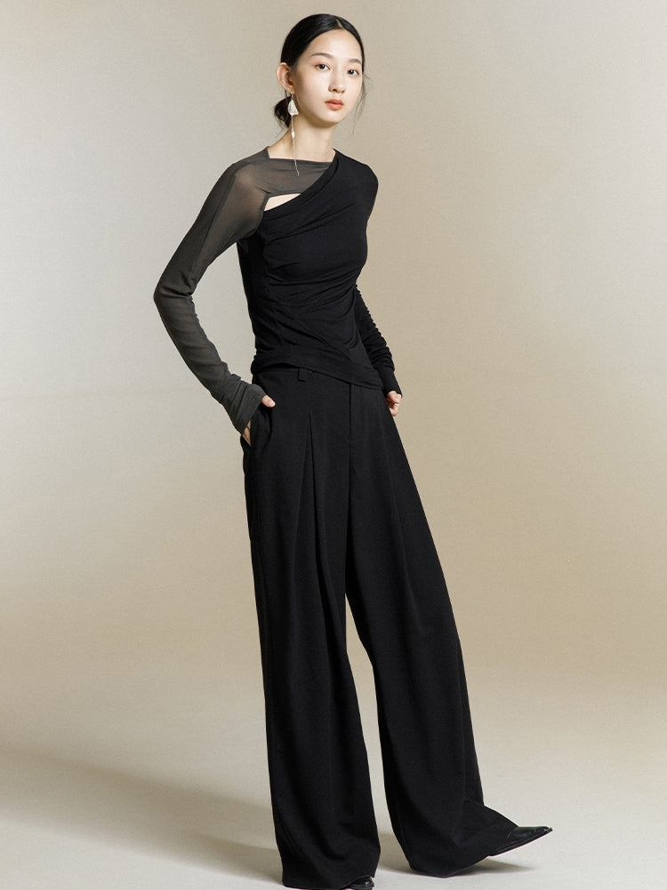 韓国ファッション SELCA-異素材アシメントリーシアートップス-2024ss-0039-09