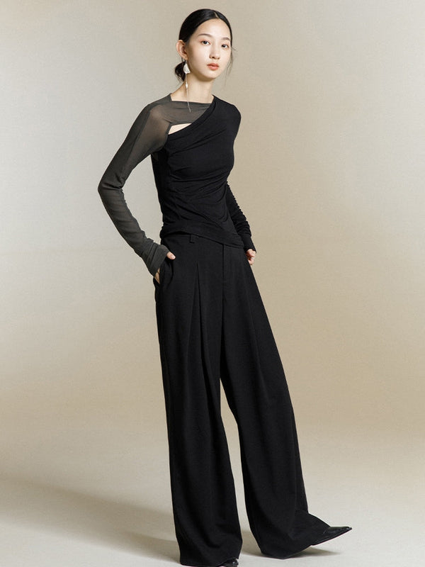 韓国ファッション SELCA-異素材アシメントリーシアートップス-2024ss-0039-09