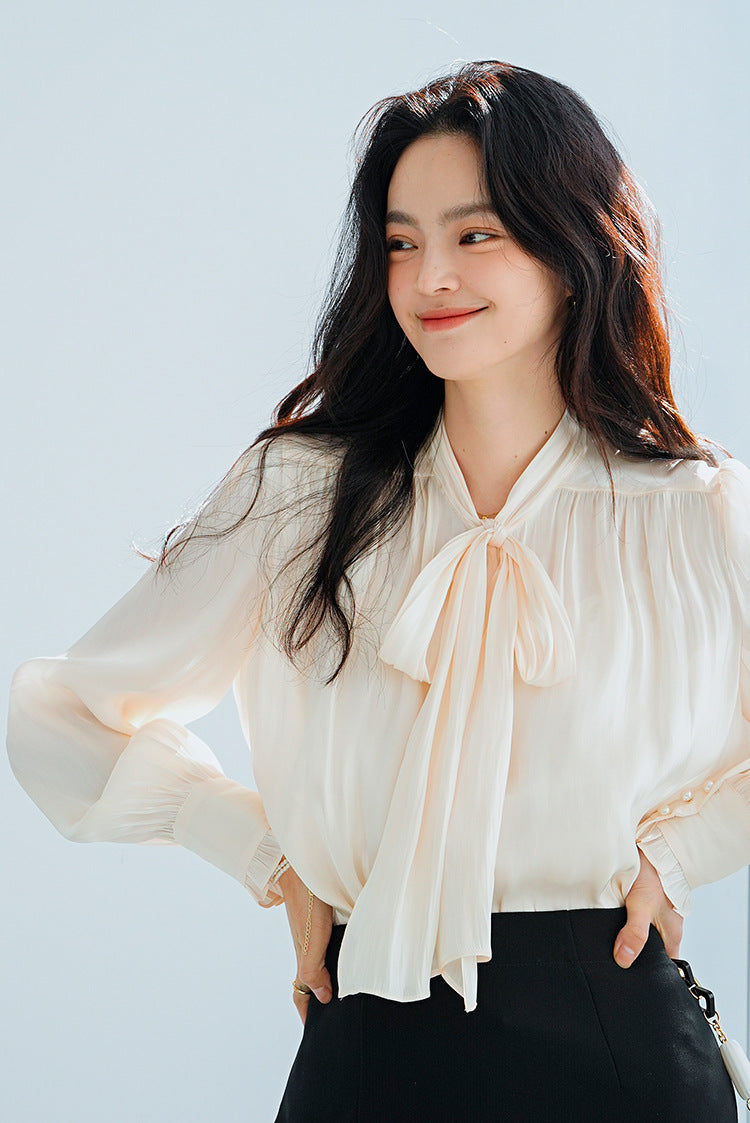 韓国ファッション SELCA-ボウタイサテンブラウス-2024ss-tp2-01