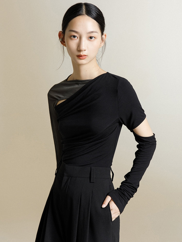 韓国ファッション SELCA-異素材アシメントリーシアートップス-2024ss-0039-02