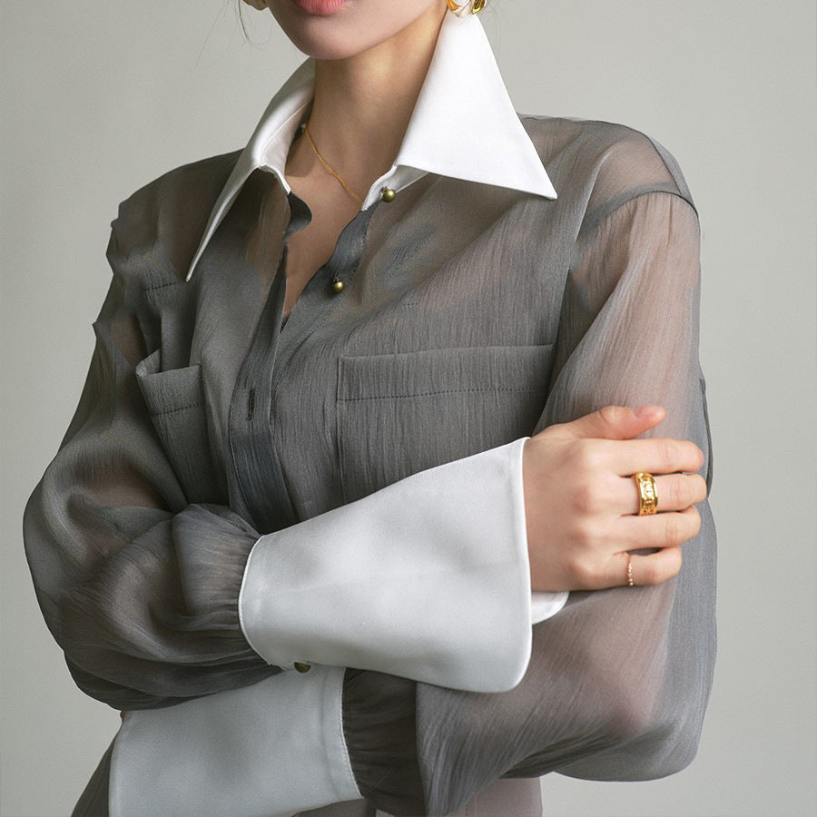 韓国ファッション SELCA-シアーバイカラーデザインシャツ-2024ss-0013-02