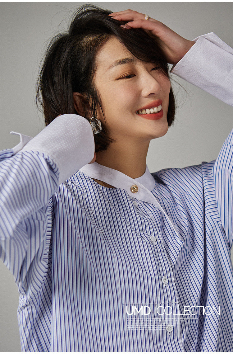 韓国ファッション SELCA-ストライプノーカラーシャツ-2024ss-0021-04