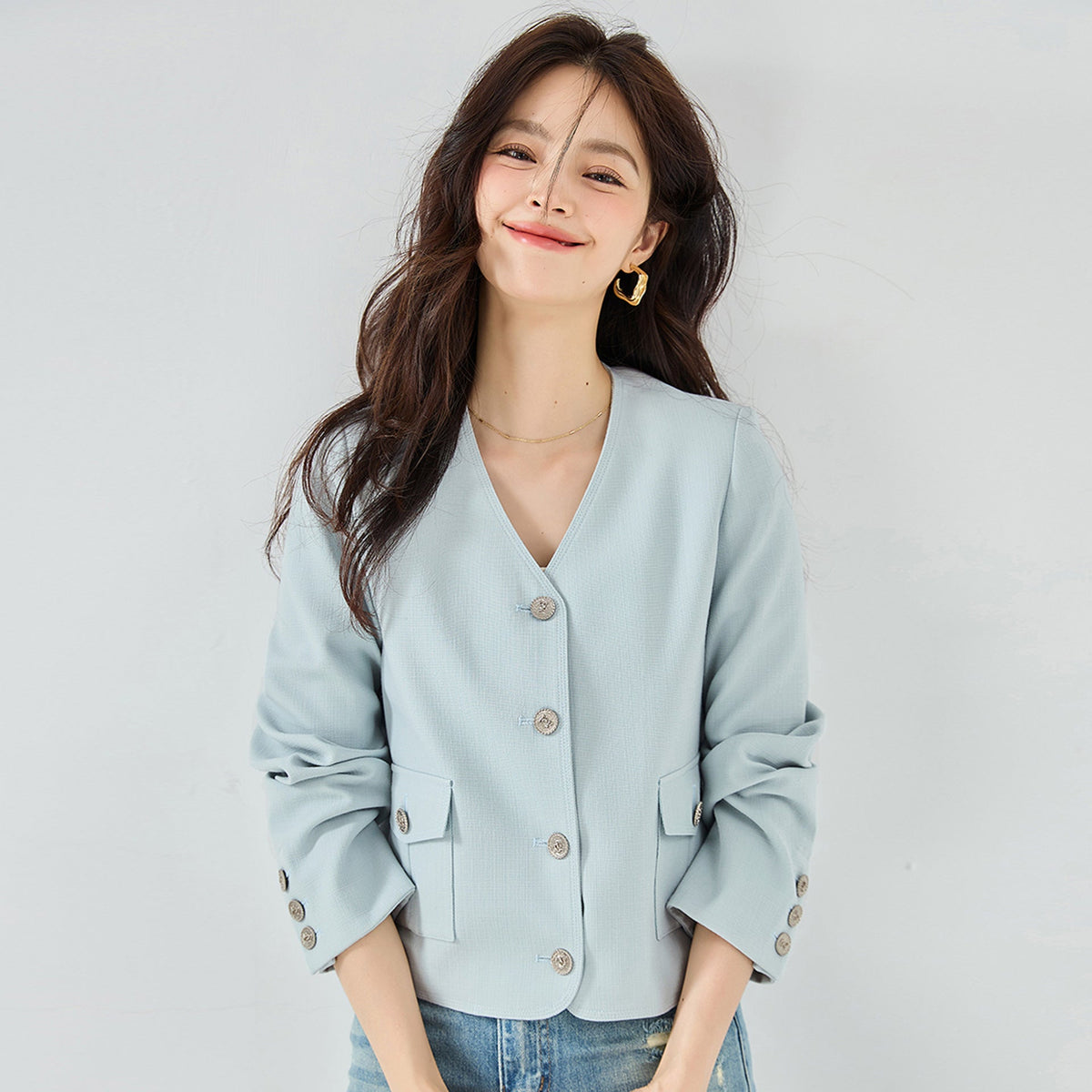 韓国ファッション SELCA-Vネックショートジャケット-2024ss-ou1-03