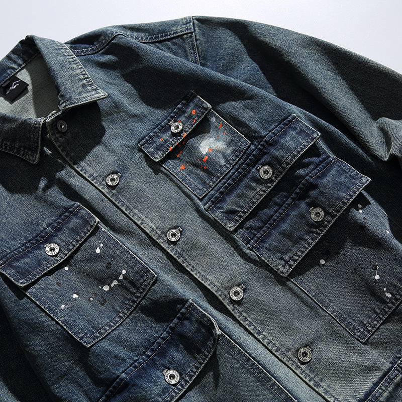 韓国ファッション SELCA-Work Jacket Washed Distressed Lapel Denim Jacket-mselca2024ss-083-07