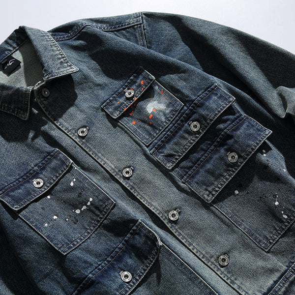 韓国ファッション SELCA-Work Jacket Washed Distressed Lapel Denim Jacket-mselca2024ss-083-07