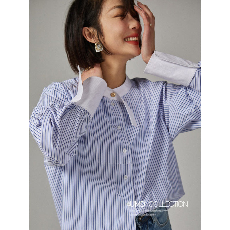 韓国ファッション SELCA-ストライプノーカラーシャツ-2024ss-0021-02