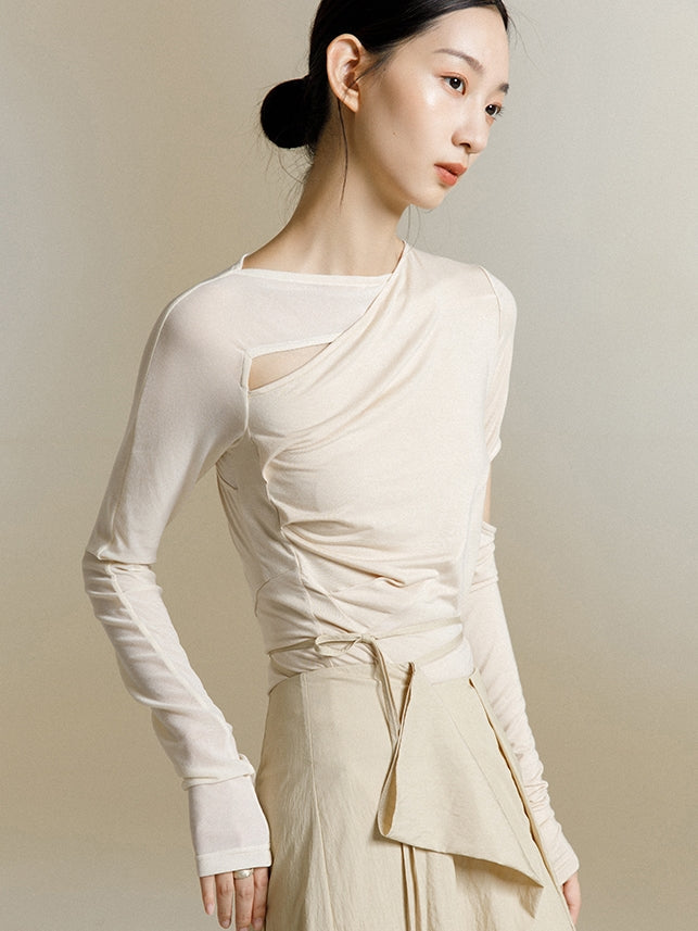 韓国ファッション SELCA-異素材アシメントリーシアートップス-2024ss-0039-01