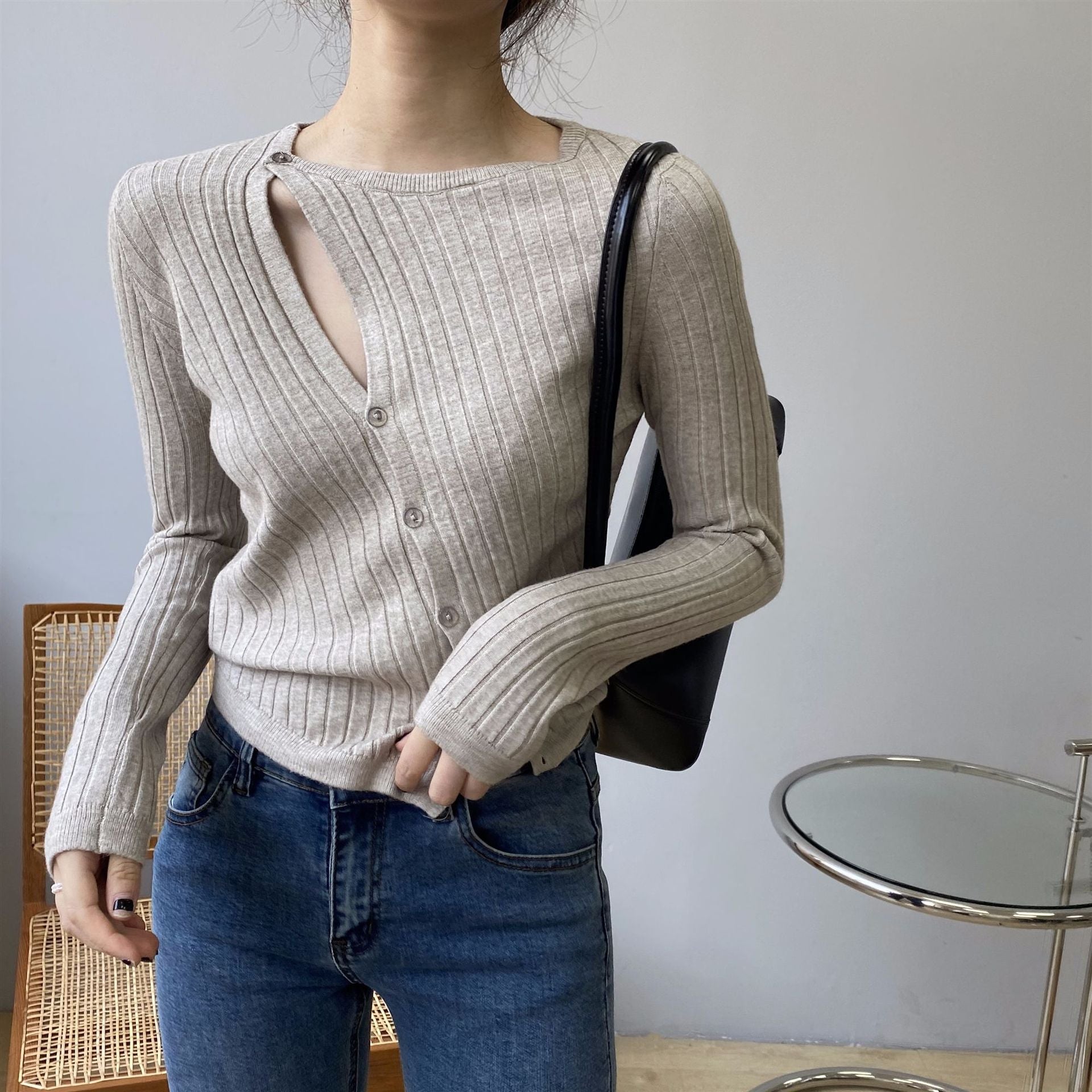 韓国ファッション SELCA-アシメニットカーディガン-2024ss-tp37-011