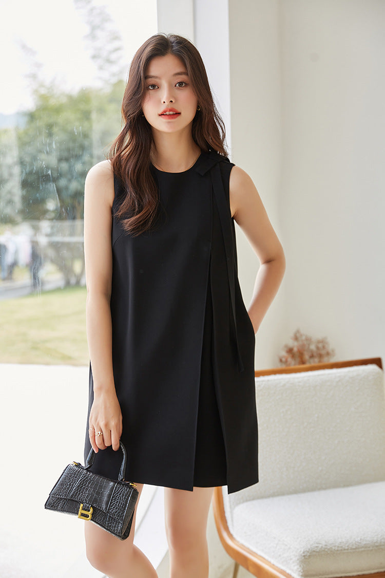 韓国ファッション SELCA-ブラックリボンノースリーブワンピース-2024ss-129-010