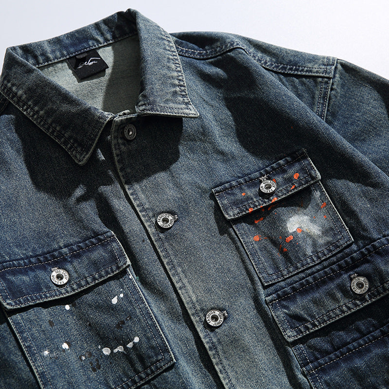 韓国ファッション SELCA-Work Jacket Washed Distressed Lapel Denim Jacket-mselca2024ss-083-02