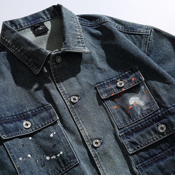 韓国ファッション SELCA-Work Jacket Washed Distressed Lapel Denim Jacket-mselca2024ss-083-02