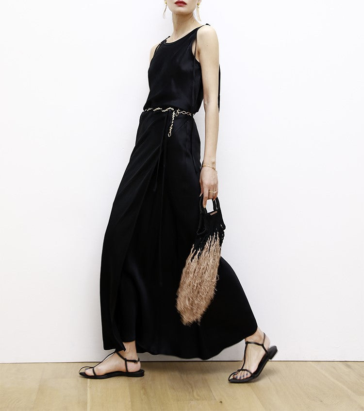 韓国ファッション SELCA-ブラックサテンリボンワンピース-2024ss-0045-013
