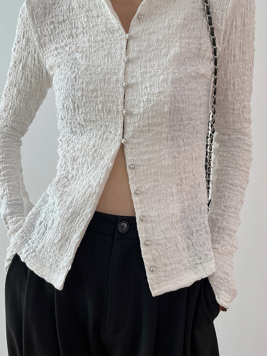 韓国ファッション SELCA-パールボタンタイトカーディガン-2024ss-0059-012