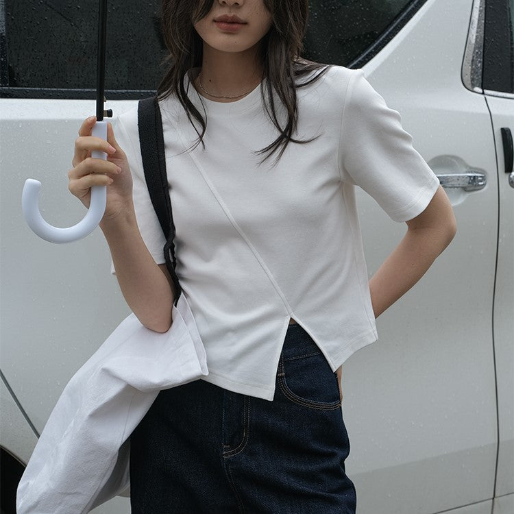韓国ファッション SELCA-アシメスリットコットンシャツ-2024ss-0065-01