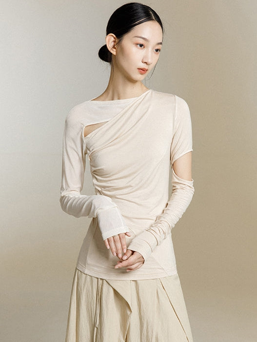 韓国ファッション SELCA-異素材アシメントリーシアートップス-2024ss-0039-06