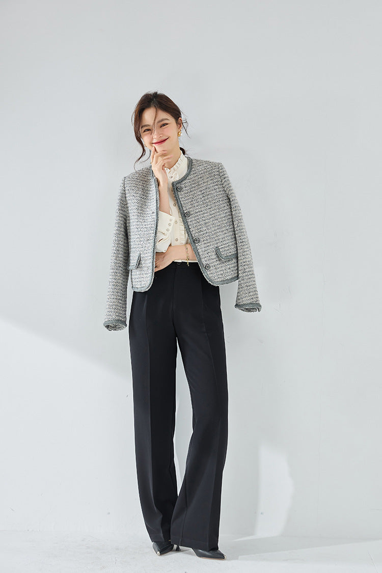 韓国ファッション SELCA-ラウンドネックパイピンググレーツイードジャケット-2024ss-ou20-02
