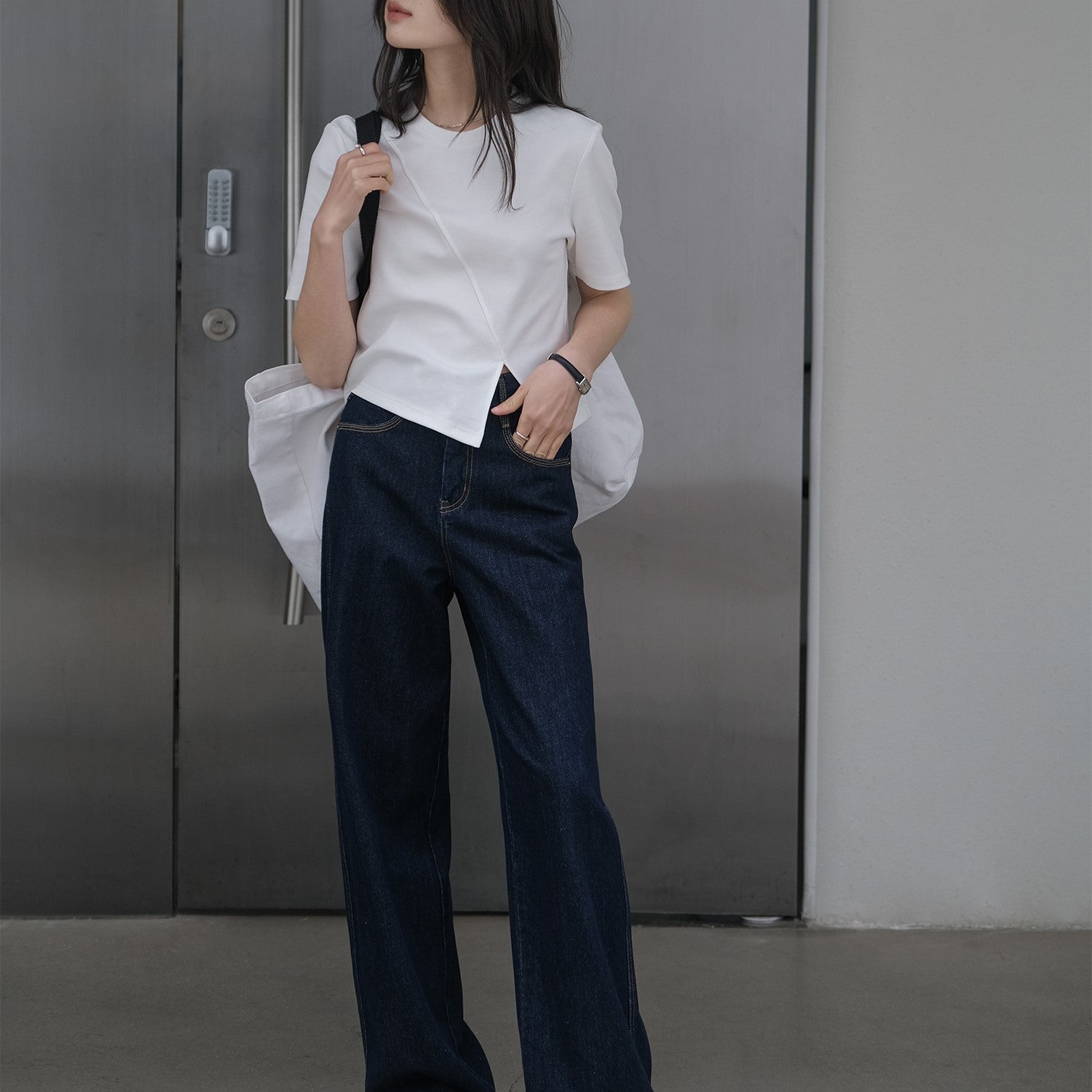 韓国ファッション SELCA-アシメスリットコットンシャツ-2024ss-0065-018