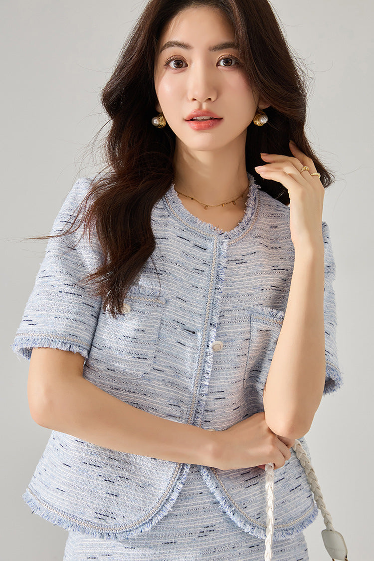 韓国ファッション SELCA-ブルーツイードショートジャケット-2024ss-156-08