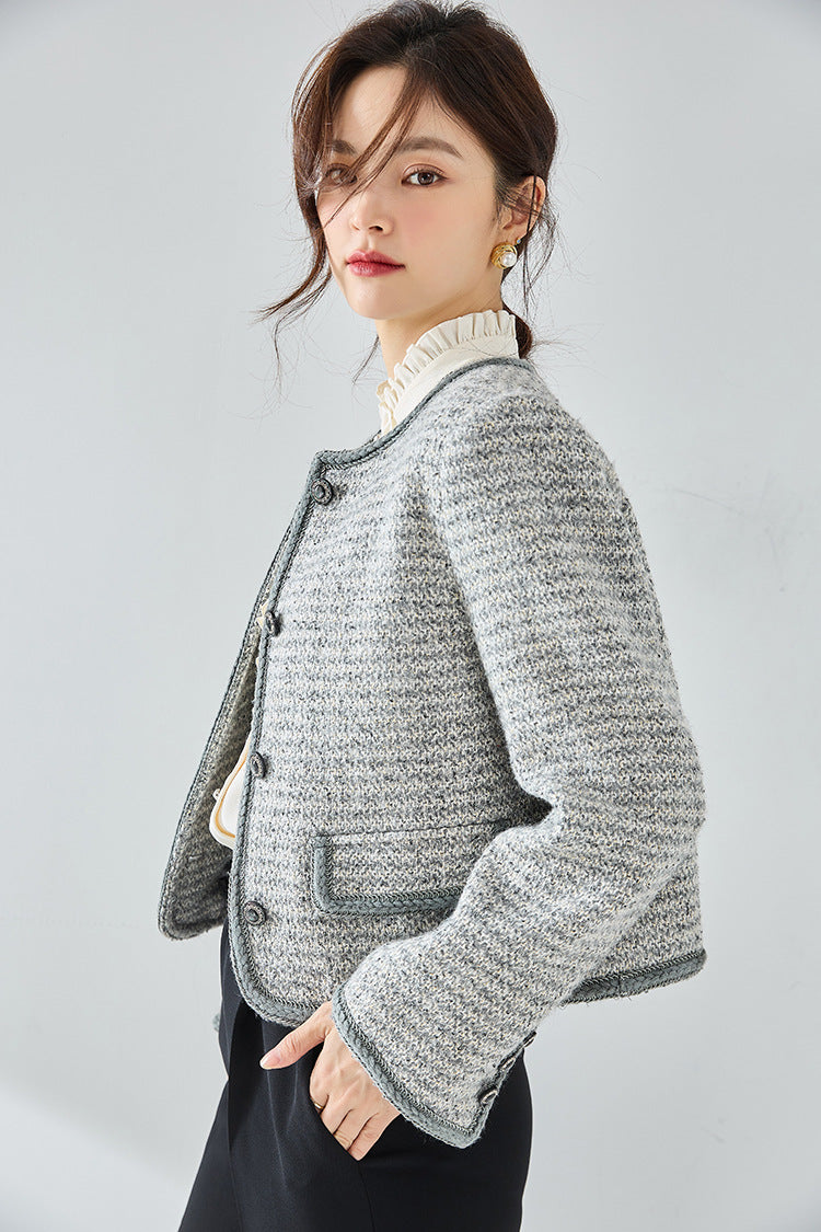 韓国ファッション SELCA-ラウンドネックパイピンググレーツイードジャケット-2024ss-ou20-08