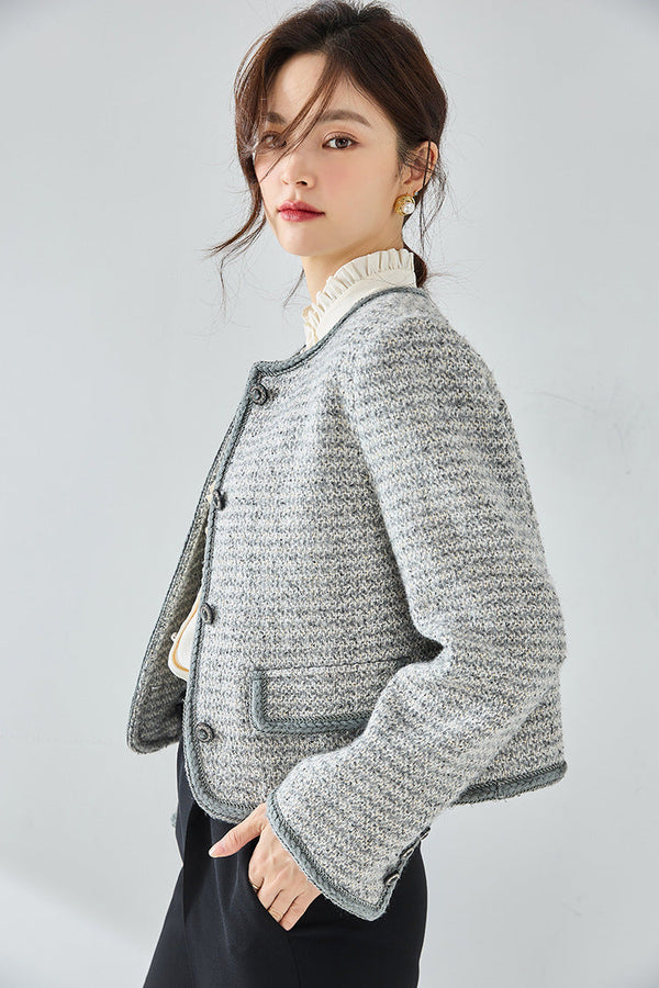 韓国ファッション SELCA-ラウンドネックパイピンググレーツイードジャケット-2024ss-ou20-08