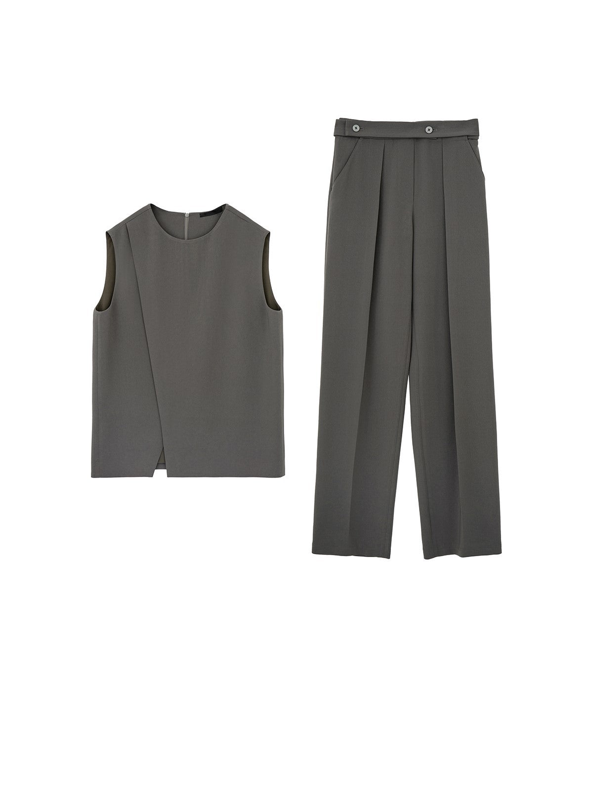 韓国ファッション SELCA-ビッグレディースパンツセットカジュアル、スタイリッシュ、クール、ツイル、ミニマリスト、ハイエンド、スリットトップ、ハイウエスト、ストレートパンツセット、サマー-2024ss-170-05