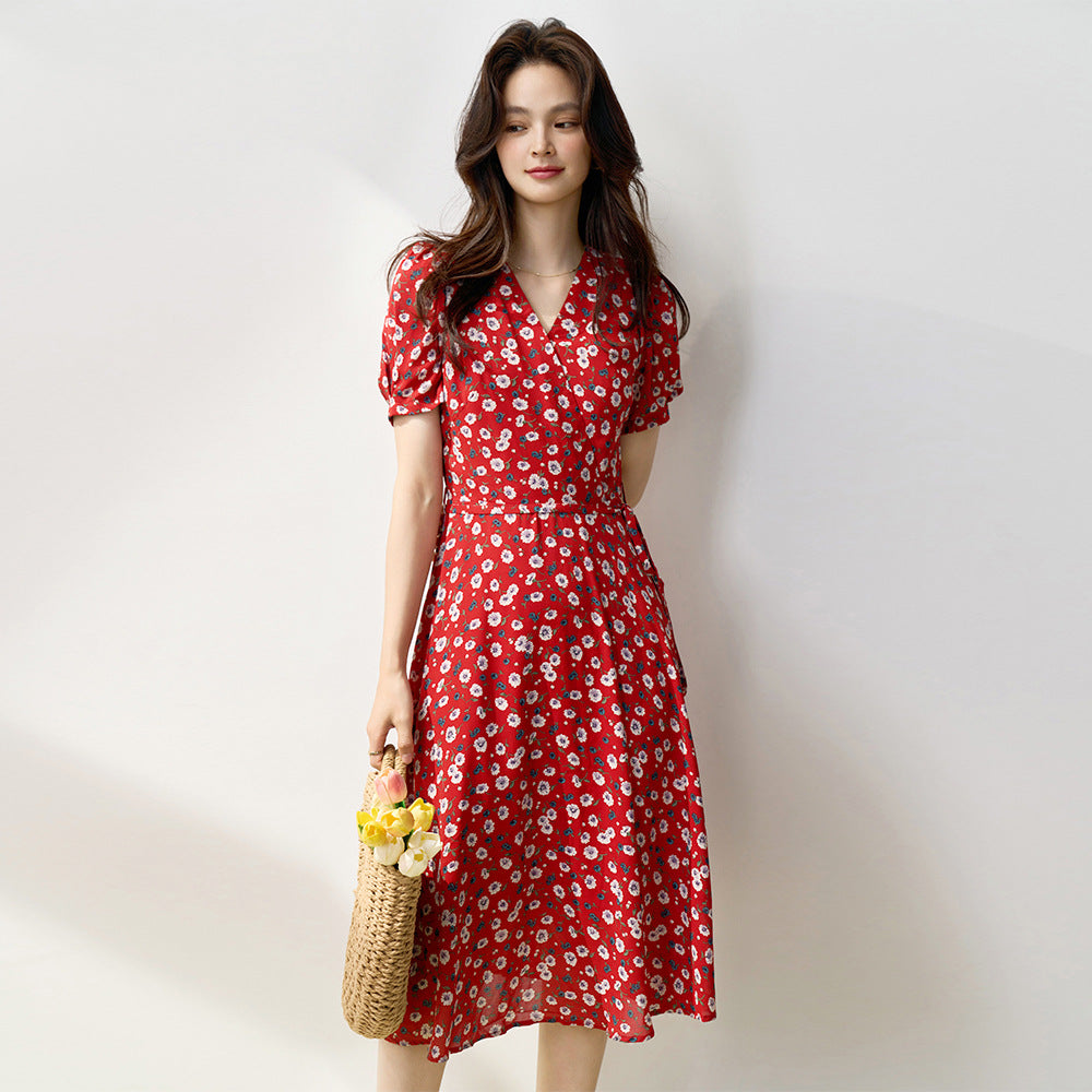 韓国ファッション SELCA-フラワーレッドシフォンワンピース-2024ss-154-02